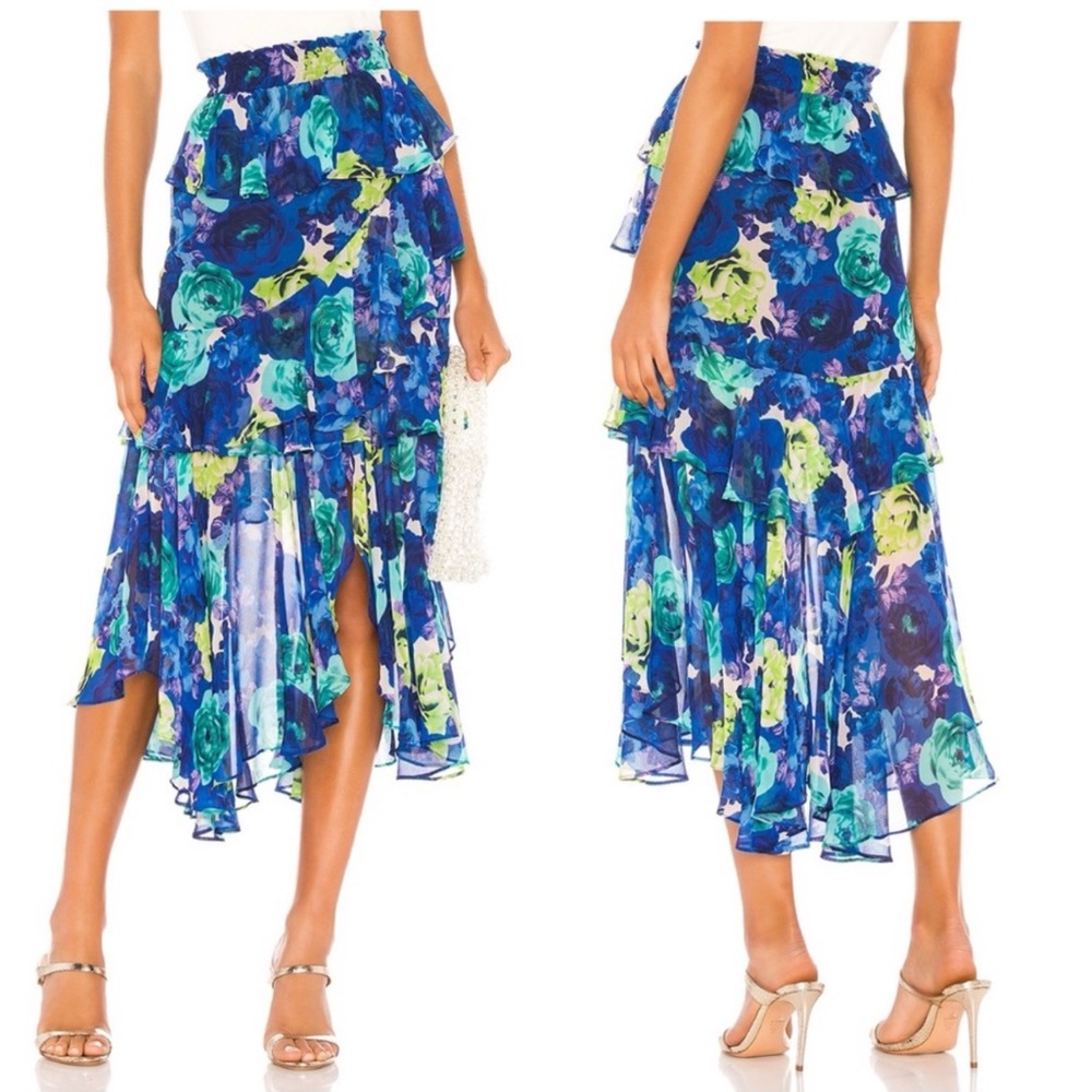 Misa Los Angeles Blue and Green Floral Midi Skirt XS - Picture 2 of 4